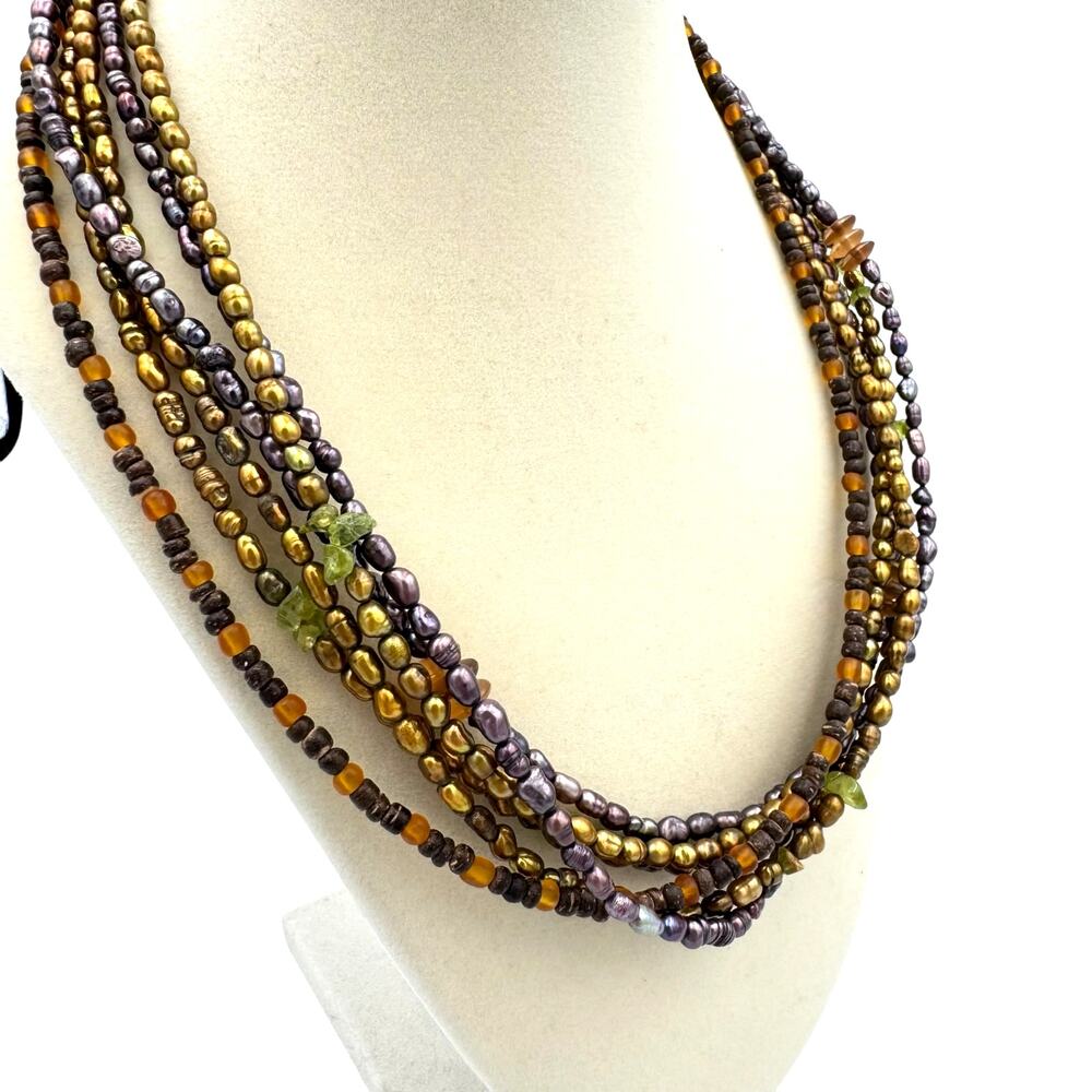 Coldwater Creek Multi Strand Gold Dyed Faux Pearl Seed Bead Wood Cone Necklace
